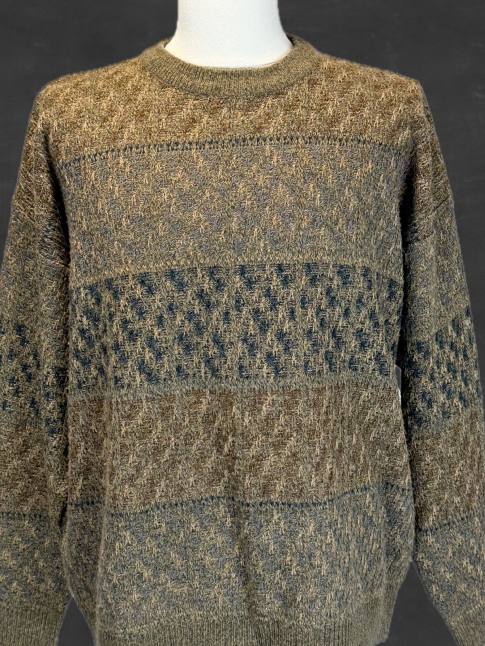 VINTAGE 90s earthy neutral brown colorblock stripe knit sweater men Towncraft XL